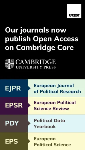 ECPR journals available in Open Access on Cambridge Core. Includes colourful EJPR, EPSR, PDY, and EPS journal titles and abbreviations.