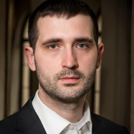 Man with short dark hair and beard, wearing a black suit jacket and white shirt. He has light blue eyes and looks directly at the camera. Blurred architectural background.