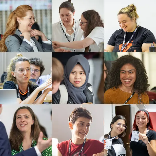 A collage of nine images of diverse women smiling and interacting at various ECPR events. Women are of various ages, ethnicities, and hairstyles, some wearing ECPR branded badges.