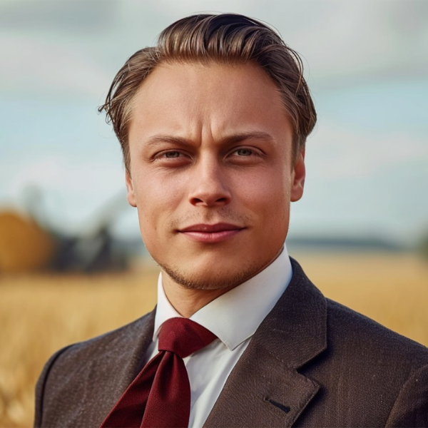 AI image of a man with light hair wearing a suit jacket, white shirt and dark red tie