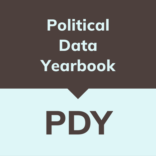 Political Data Yearbook (PDY) logo in brown and light blue